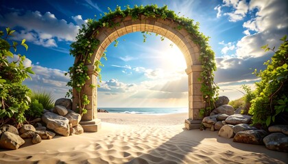 Beach Scene Through Stone Archway with Green Vines and Sandy Path