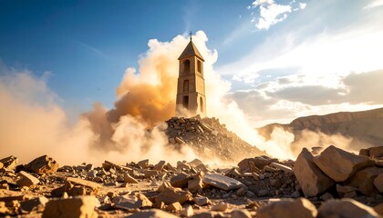 Bell Tower on Rocky Hill with Dust in Desert Landscape