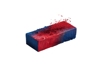 A vibrant, textured brick, split between deep red and blue, with splatter effects