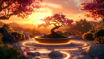 Bonsai Tree Blossoming at Sunset in a Serene Garden with Glowing Circles