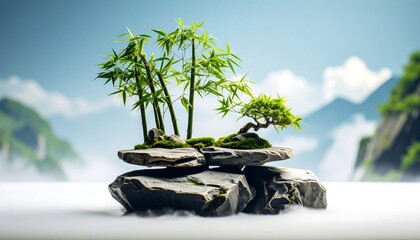 Bonsai and Bamboo Growing on Rocks in a Misty Landscape