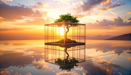 Bonsai Tree in Glass Cube Reflecting Sunset Sky Concept