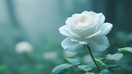 Obraz premium Elegant White Rose Blooming in Enigmatic Misty Forest Environment