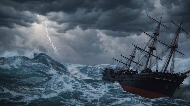 Realistic ship sinking animation or dark ocean storm