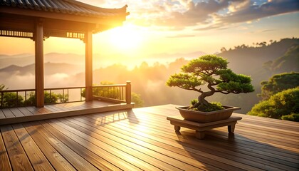 Bonsai Tree on Wooden Deck at Sunrise with Mountain View