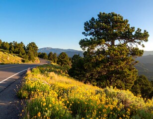 Scenic mountain road with wildflowers