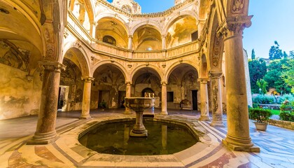 Sunlit, ancient, arched courtyard with fountain