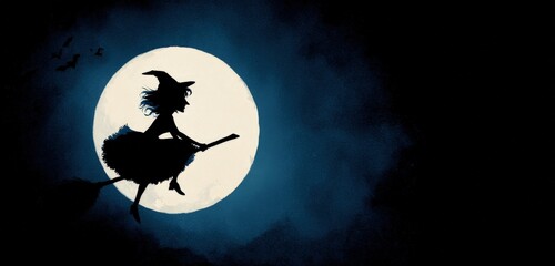 Halloween Witch Silhouette Against a Full Moon