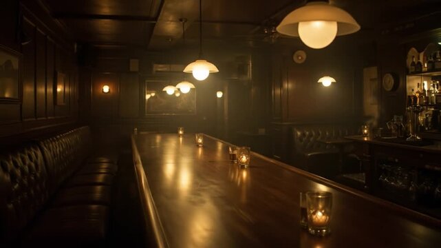 Dimly lit bar with a long wooden countertop candles booths and pendant lights creating a warm inviting atmosphere