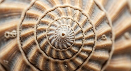 A close up view of a spiral seashell pattern with a central hole in focus shot