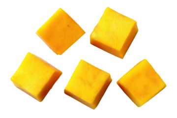 Five cubed, vibrant orange-yellow food pieces