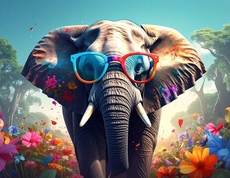 Elephant in sunglasses, colorful flowers, vibrant background