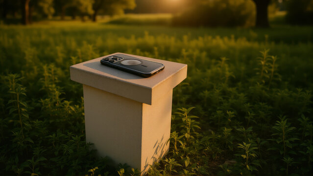 **Mag Safe Phone Case on a White Cube in a Grass Field at Sunset** * **Main Subject:** A black magnetic phone case with a circular camera cutout, placed on top of a white, cube-shaped pedestal. *
