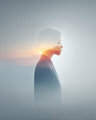 Woman profile blended with misty landscape and sunlight for futuristic design