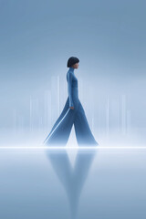 Person in glowing circuit outfit in urban scene for futuristic design, transhumanism and cyber age