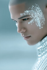 Profile with glowing circuits on bald head for futuristic design