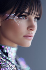 Close up of face with glowing cheek circuit for futuristic design
