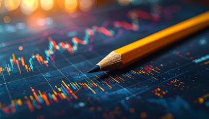 Financial data analysis: A close-up view of stock market graph and pencil