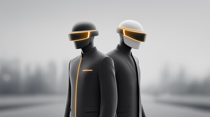 Two figures in glowing suits with helmets for futuristic design
