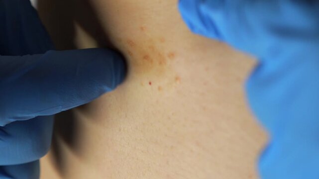 A dermatologist examines a patient's skin.
A close-up of dermatitis or ringworm on a person's skin.
A doctor wearing gloves examines a patient with dermatitis.
Itchy skin and allergies on the body