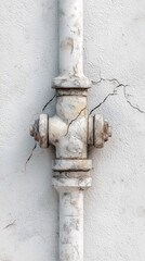 Damaged pipe clamp with cracks on white wall background  