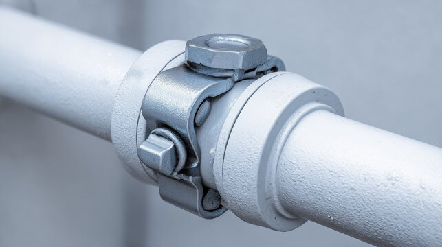 Close-up of metal pipe joint with bolt in industrial setting  
