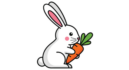 Fototapeta premium Cute white bunny character holding a bright orange carrot with green leafy tops, a whimsical illustration featuring friendly animal and food items