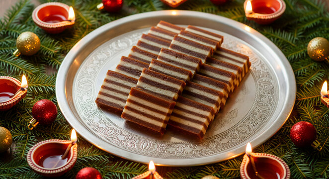 Flat lay of bebinca on silver tray with Christmas decor
