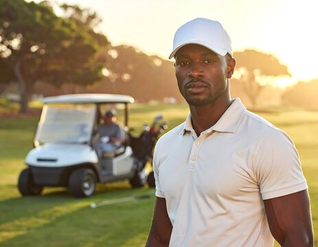 Focused african american golfer poses confidently on a scenic golf course