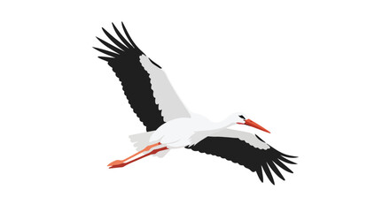Elegant Stork Illustration in Flight Displaying Graceful Wings and Vivid Color Contrasts on a Clean White Canvas