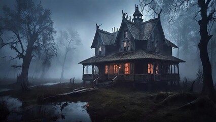 Obraz premium Foggy Swamp with Witch Cottage and Bats Halloween Background
