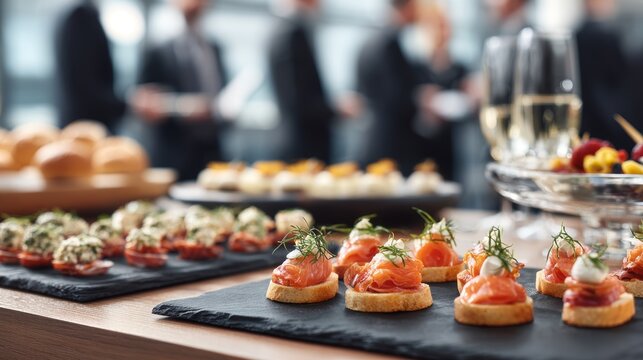 Elegant catering at a corporate event featuring gourmet canapes and sparkling drinks in a modern setting
