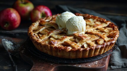 Homemade apple pie served with ice cream on a wooden table next to fresh apples in a rustic kitchen