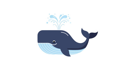 Obraz premium Cute cartoon whale blowing water from its blowhole against a clean white background, perfect for children's illustration, education or ocean themed