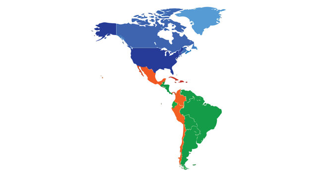 Gradient Americas map, showcasing the diverse countries through varying color schemes, highlighting geographical relationships between north,