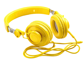 Bright yellow headphones, wired, angled slightly downward, with a smooth, rounded design
