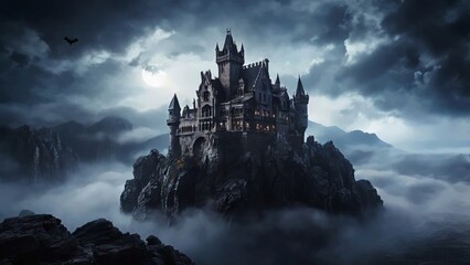 Vampire Castle on Floating Rock Island Halloween Fantasy Vector Illustration