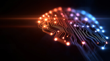 Abstract tech concept, AI brain illustration with circuits, glowing lines, dark background with vibrant highlights