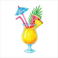 Watercolor Tropical Cocktail with Watermelon, Pineapple, and Umbrella