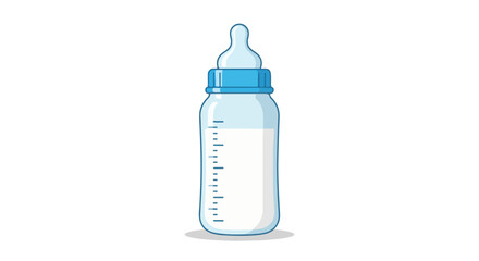 Isolated cartoon illustration depicting a filled baby bottle with measurement markings and blue accents on a plain white backdrop