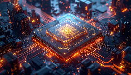 Futuristic cityscape integrated onto a central processing unit board
