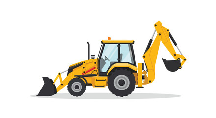 Detailed illustration of a yellow backhoe loader on a white background showcasing construction equipment design and engineering drawing