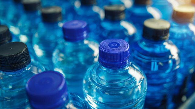 Water bottles stacked in a warehouse depicting the variety of caps in different colors