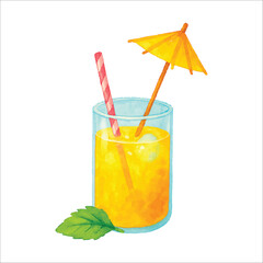 Watercolor Tropical Juice with Straw and Umbrella