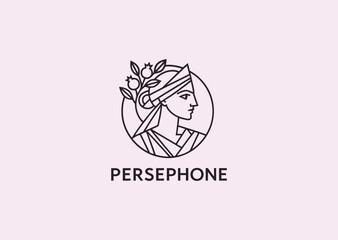 A geometric line art logo of Persephone, goddess of spring and the underworld, symbolizing rebirth, duality, growth, and mystery