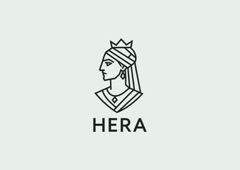 A geometric line art logo of Hera, goddess of marriage, symbolizing royalty, protection, femininity, and divine authority