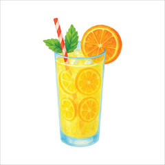 Watercolor lemonade with orange slice, mint leaves and striped straw