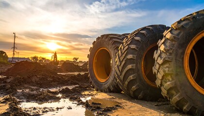 Large industrial tires at a muddy construction site during sunset.