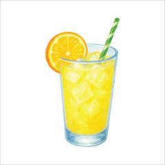 Watercolor glass of orange juice with straw and ice cubes