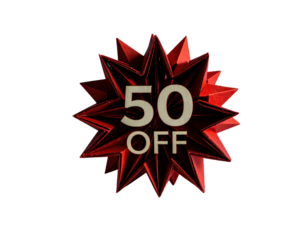 Modern Starburst Tag 50% Off on White Background
